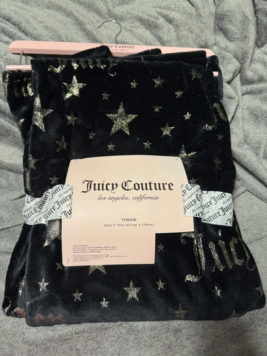 Juicy Couture Black Velvet Throw with Gold Star Motif