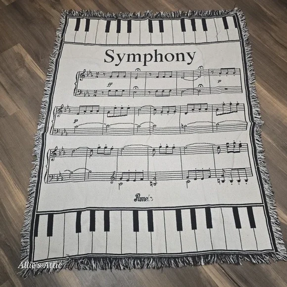Tapestry Throw Blanket Couch Music Piano Keys Notes Reversible Black White READ