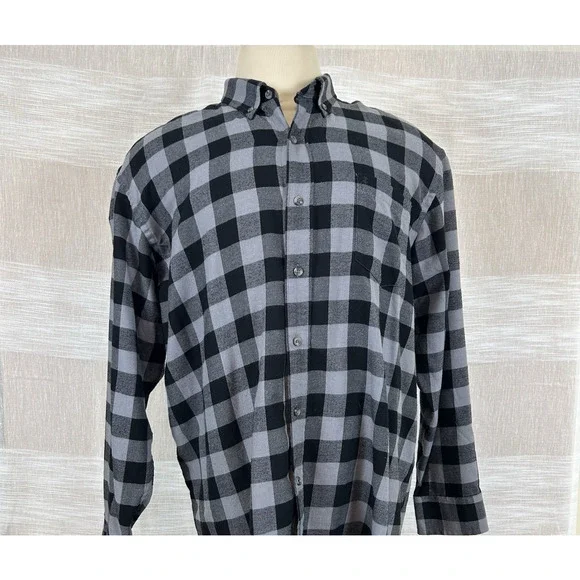 IZOD Men's Flannel XXL Button Down Flannel Long Sleeve Shirt Gray Black Preppy‎