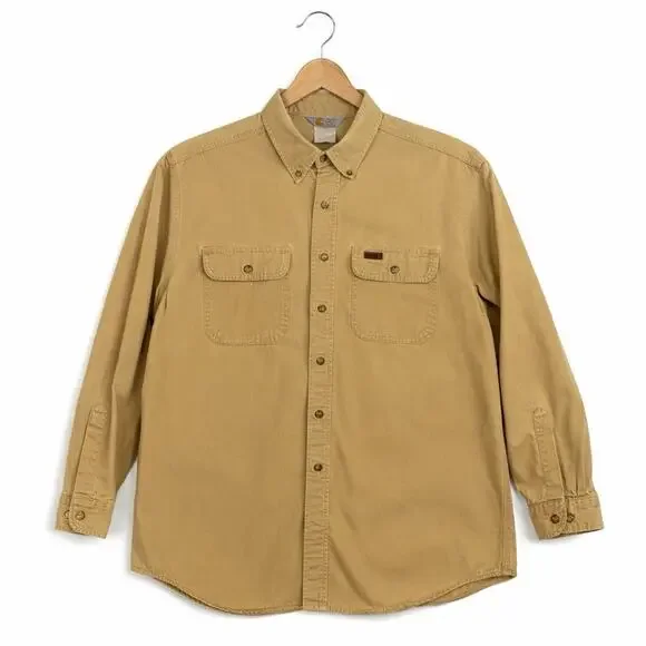 Carhartt Work Shirt Mens XXL Sandstone Cotton Twill Button Down Pockets Logo VTG