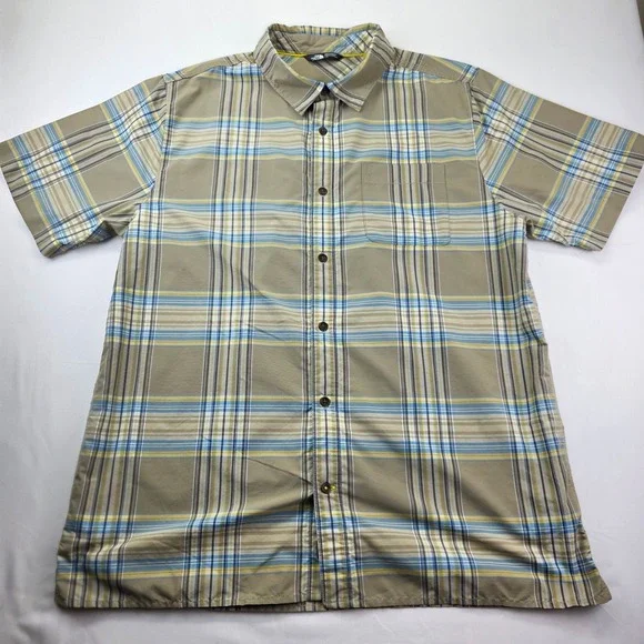 The North Face Mens Plaid Short Sleeve Button Up Shirt LARGE Khaki Blue Yellow
