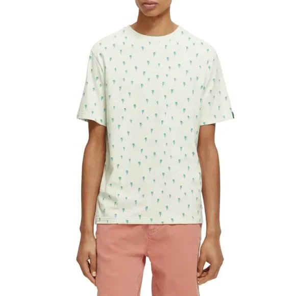 SCOTCH & SODA Mens Shirt XL Green Pullover Crew Mini Palm Floral Tee 100% Cotton