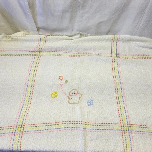 The Three Weavers Baby Blanket Kids OS‎ White Vintage Handwoven Orlon Bear Plaid