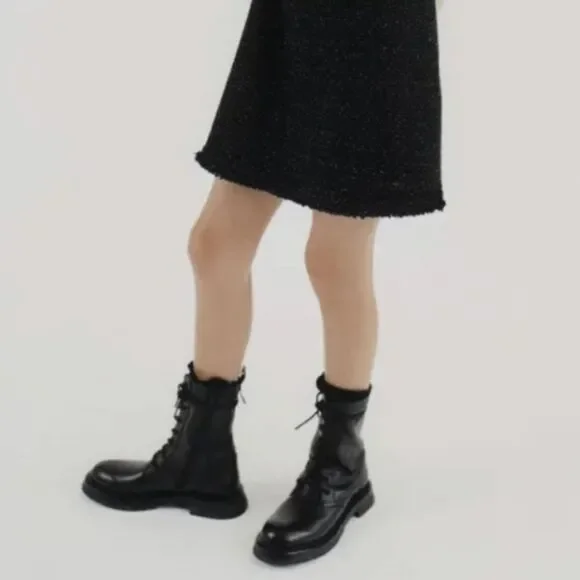 Zara Girls Combat Boots Leather Lug Easy Zip Laced Look Silver Buckles EU 32