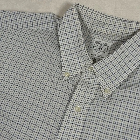 Brooks Brothers Mens Large Blue Tan Micro Check Cotton Short Sleeve Sport Shirt