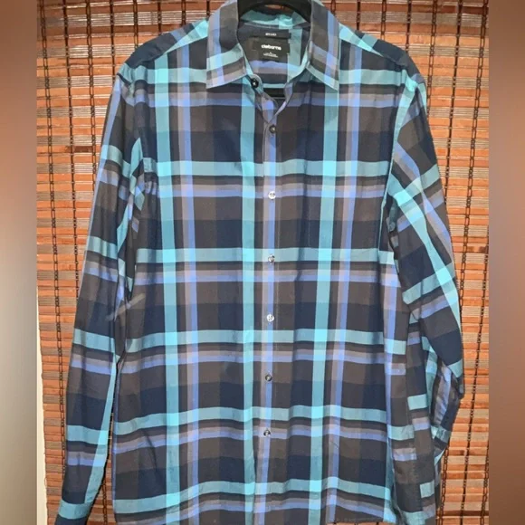 Men’s Claiborne‎ Blue and Black Plaid Shirt Size L