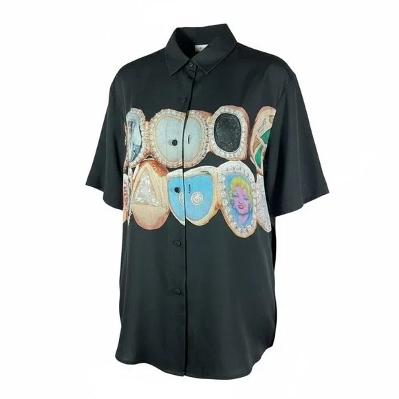 BLDG4 black silk button up‎ shirt with graphic print
