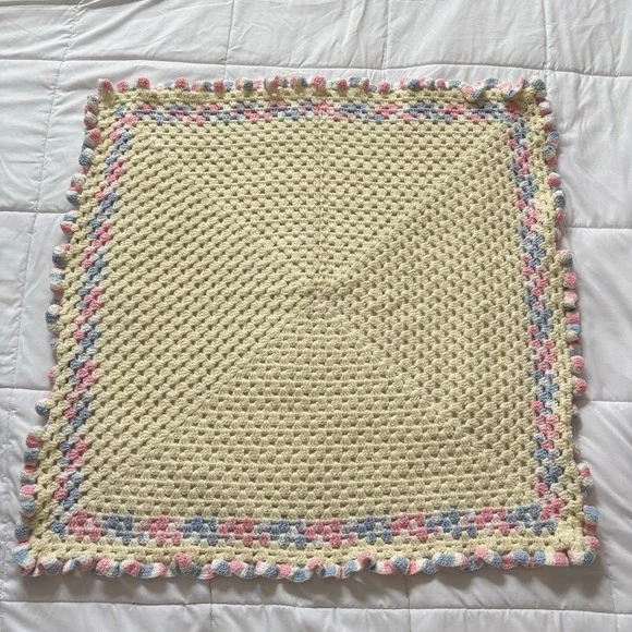 Vintage Handmade Pastel Crochet Baby Blanket Yellow Pink Nursery 34x34 Square‎
