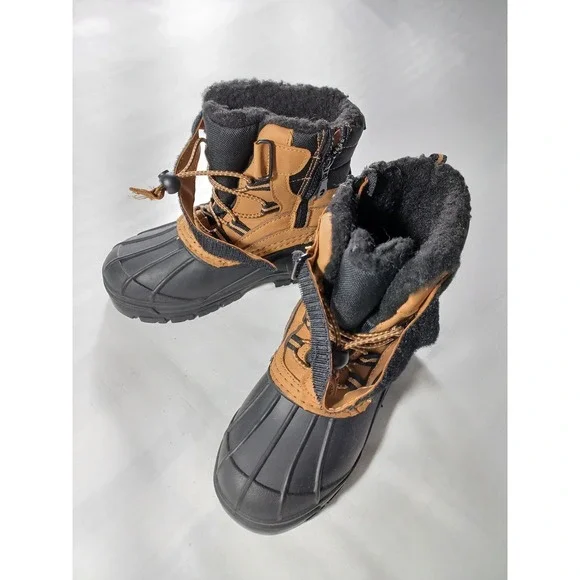 Khombu Chairlift Boots Kids Size 1 Black Brown Duck Snow‎ Winter Faux Fur Zip