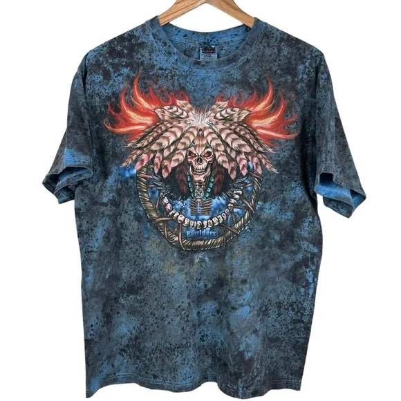 Anvil Easyriders Saloon Blue Black Tie Dye Skull Dreamcatcher T-Shirt Mens Sz L