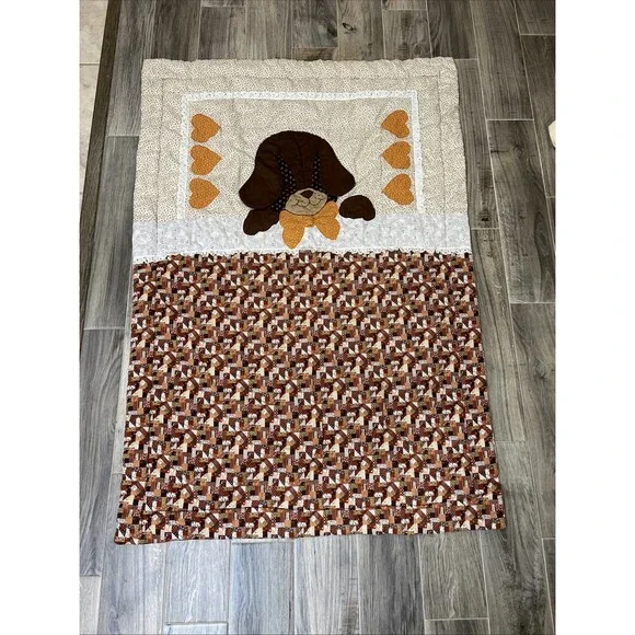 1970 Vintage Puppy Love, Gingham Goose Baby Kids Crib Quilt Blanket 55x37