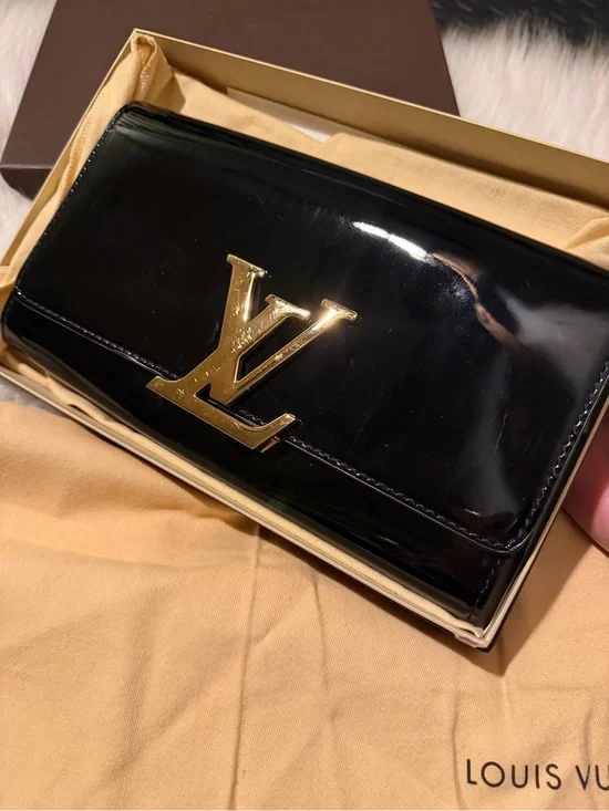 Louis Vuitton Black Patent Satchel with Gold LV Emblem