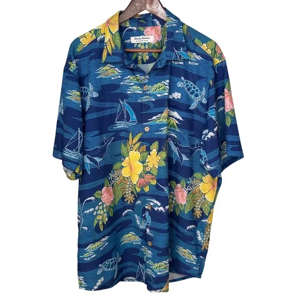 Tommy Bahama Mens AOP Performance Shirt Sz XLT Artist‎ Series Coast Aloha Hawaii