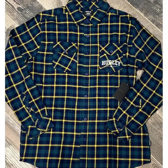 New $50 Hurley Mens Plaid Flannel Button Up Long Sleeve Shirt Seaweed Green‎ M