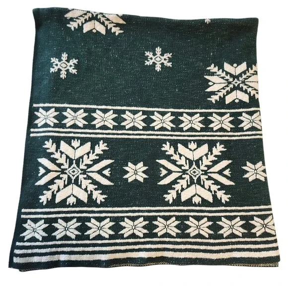 Balsam & Fir Trading Co Green Snowflake Knit Throw Blanket 100% Cotton Fair Isle