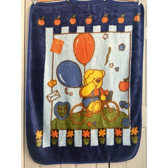 Vintage Baby Blanket Mink Plush Deep‎ Blue Teddy Bear Riding Bicycle 52