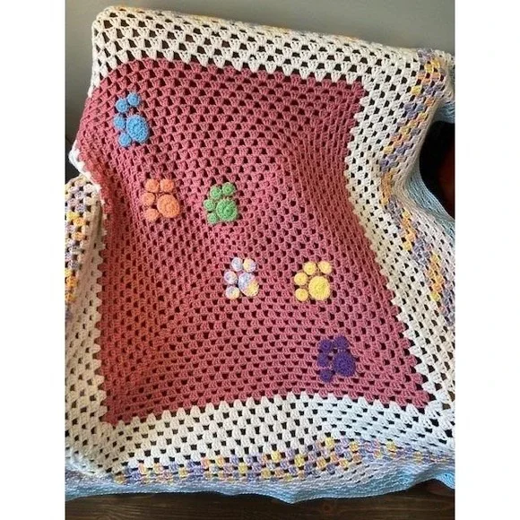Handmade Crochet Paw Print Baby Blanket Pink White Pastel Granny Square Throw