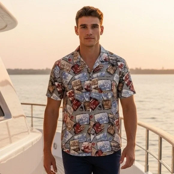 Greg‎ Norman L Hawaiian Shirt Men Short Sleeve Button Down Colorful Linen Blend