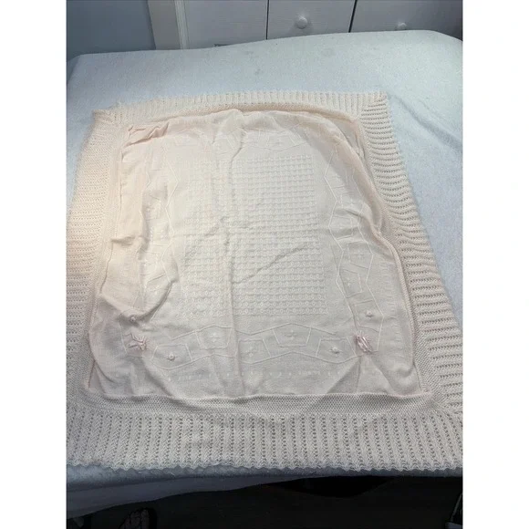 Vintage Pale Pink Knit Baby Blanket Satin Ribbon Rose 1980's Throw 37 X 34.5