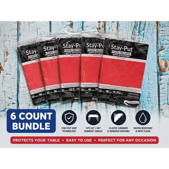 6 Pack Stay Put Plastic Table Covers 30x96 Red Elastic Fitted Banquet NEW