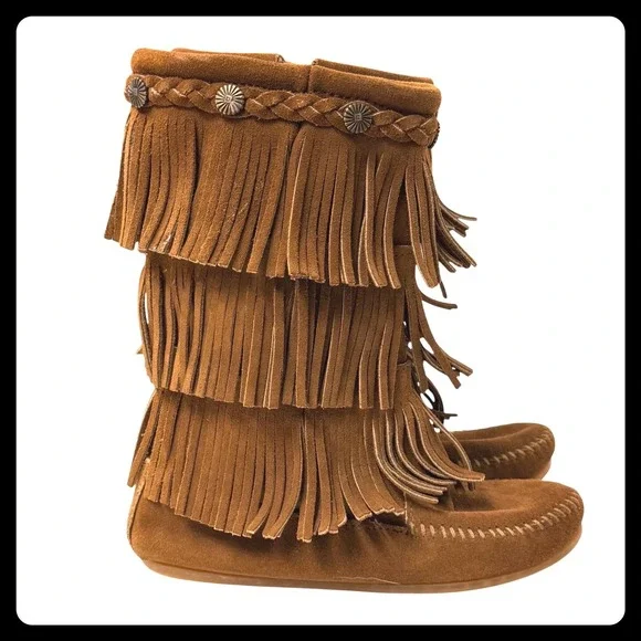 Minnetonka Moccasin Boots 3 Layer Fringe Kid Girl 2 Brown Suede Zip Up  10