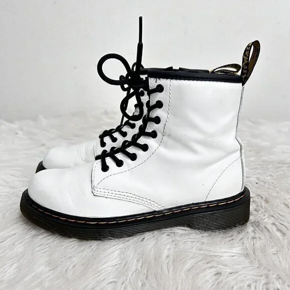 Dr. Martens 1460J Combat Boots Youth Size 3 US White‎ Leather Lace Up Side Zip
