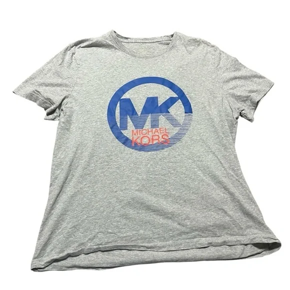Michael Kors Circle Logo Short Sleeve Tee Heather Grey Size Large Blue Orange MK