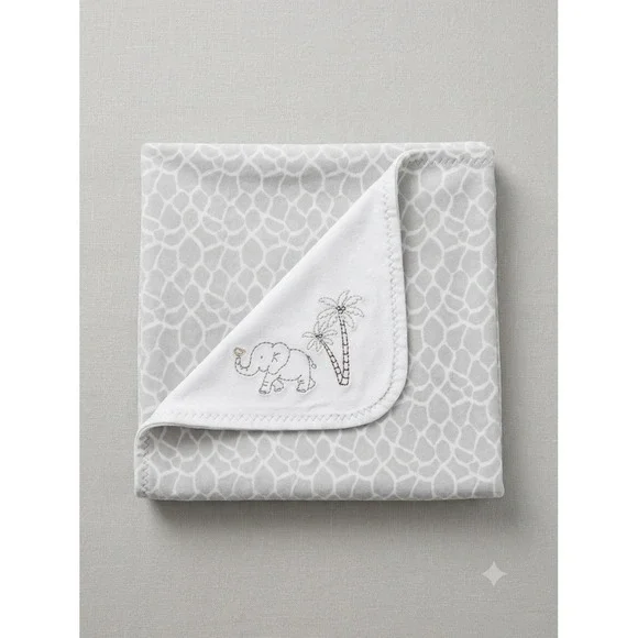 Just Born Animal Kingdom Reversible Baby Blanket Gray White Elephant Embroidery