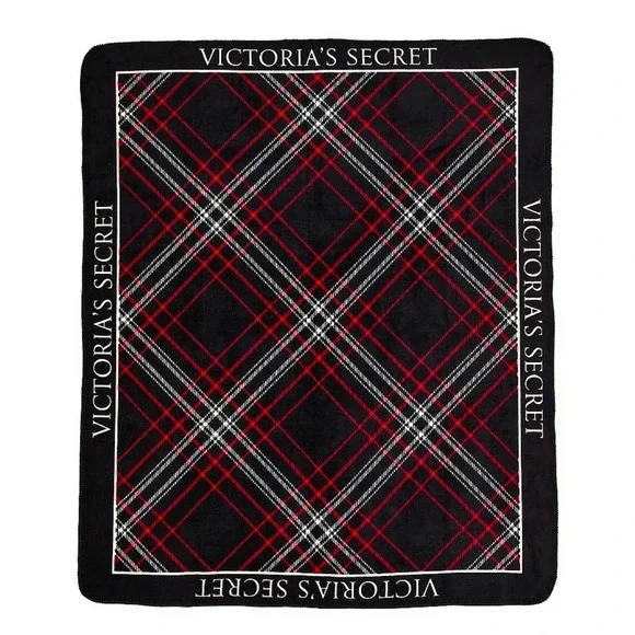 Victoria's Secret Cozy Plush Blanket Red Black Plaid Sherpa Fleece Throw 50x60