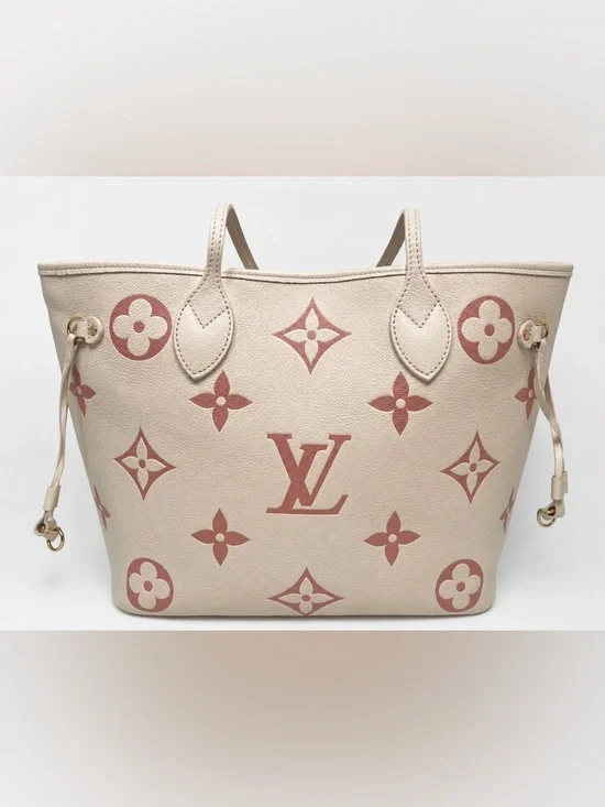 Louis Vuitton Neverfull MM Tote Bag Cream Pink Monogram Empreinte Style Tote Bag