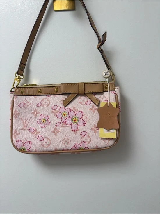Louis Vuitton Pink Floral Mini Pochette with Tan Trim