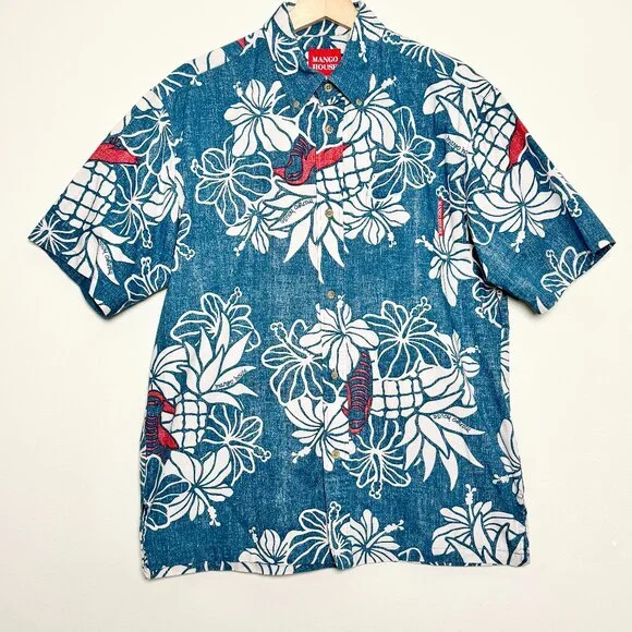 RARE Mango House Okinawa Floral Print Cotton Button Down Short Sleeve Shirt Sz L