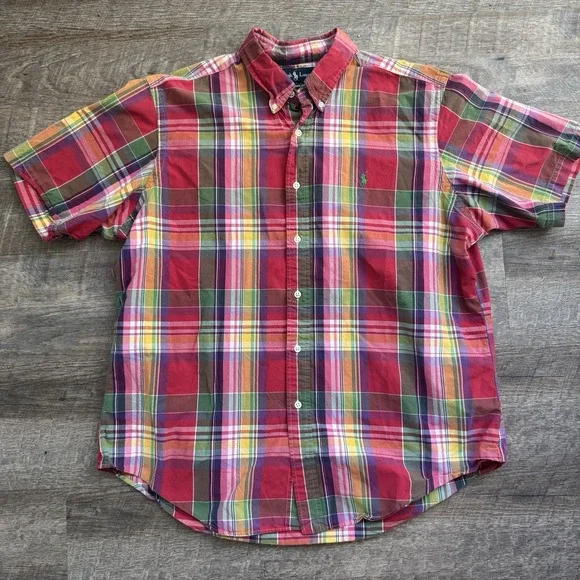 Ralph Lauren Mens XL Red Green Plaid Short Sleeve Shirt Classic Madras Preppy