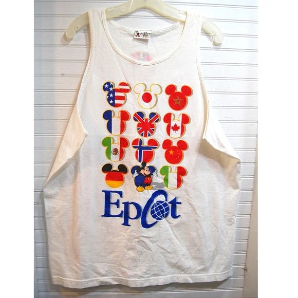 Disney World Epcot Tank Top Men's XL 90s White Sleeveless T-shirt Flags Vintage