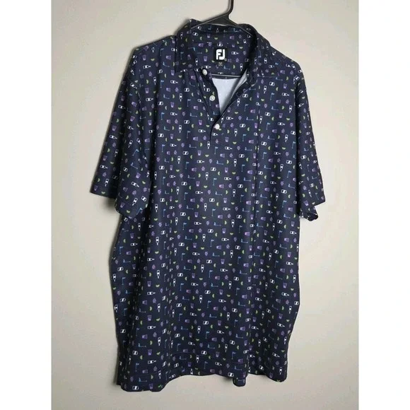 Footjoy‎ FJ Polo Shirt Size Large Blue Golf & Liquor Polka Dot Bulle Rock