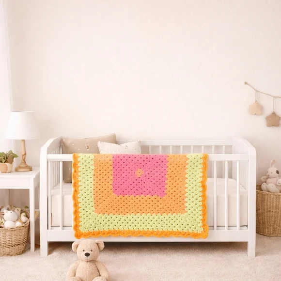 Handmade Super Soft Colorful Neon Crocheted Granny Square Blanket New
