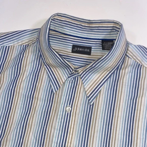 St Johns Bay Men XL Blue Tan Striped Short Sleeve Cotton Button Down Shirt DD211