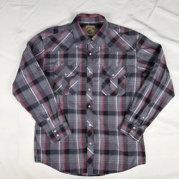 Coevals Club Mens Western Shirt Grey Red Black Plaid Snap Button Long Sleeve L