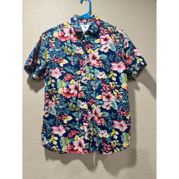 Denim & Flower Ricky Singh Mens Medium Navy Tropical Hibiscus Floral Shirt SS