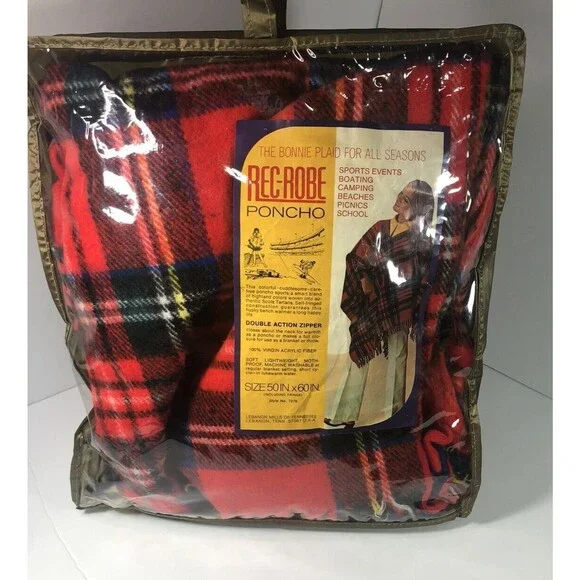 Vintage Rec-Robe Poncho 50”x 60”  Black Red   Bonnie Plaid w/Zipper & Fringe USA