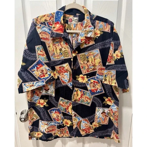 Hilo Hattie Vintage Hawaiian Shirt Coconut Button Tropical Luau Aloha ukulele XL