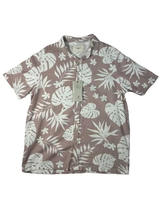 Folk Short Sleeve Button Up Medium Kingston Pink Leaf Beach Casual Mens Cotton