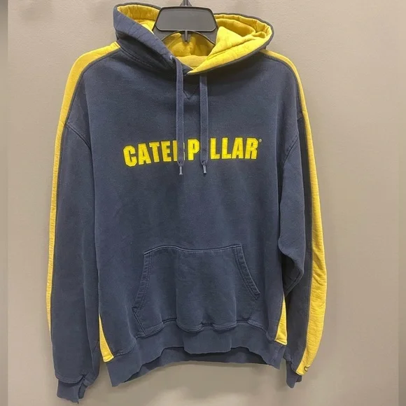 Vintage  Caterpillar Champion Men's Navy and Yellow Hoodie