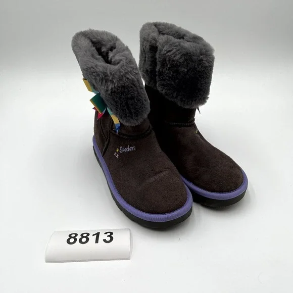 Skechers Winter Ankle Boots Girls 4 Dark Brown Suede Faux Fur Round Toe Side Zip