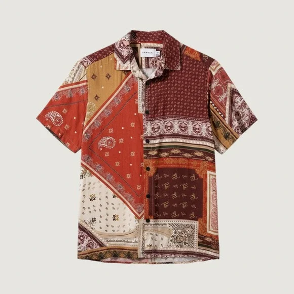 Topman Button‎ Down Shirt Men XS Red Multi Bandana/Paisley Patchwork