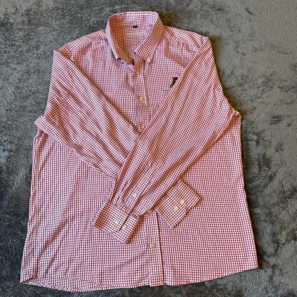 Mens Red White Gingham Check Button Down Shirt Large Embroidered Cardinal Logo