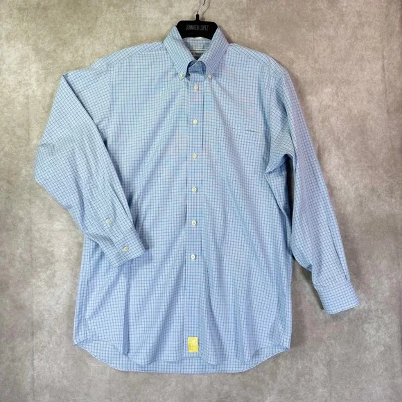 Paul Fredrick Button Down Shirt Mens 15.5 33 Blue Grid Check Long Sleeve Cotton
