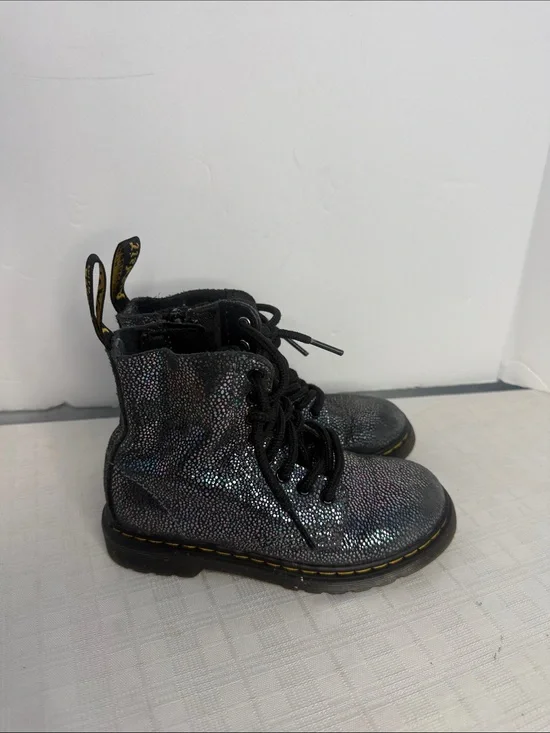 Dr. Martens Pascal Lace Up Boots Black Suede Outer Iridescent Foil Kids Girls 11
