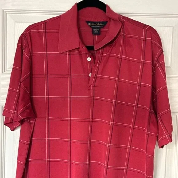 Brooks Brothers Mens Short Sleeve Golf Performance Knit Polo Red Check Size Med
