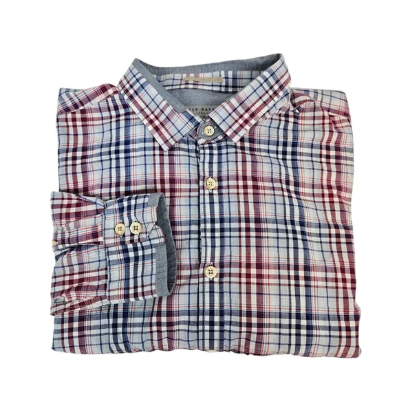 Ted Baker Burgundy & Navy Plaid Casual Button Down Shirts Size XXL Men's F19